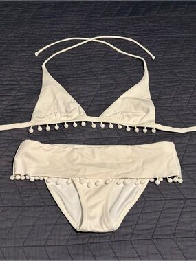 Vintage Victorias Secret White Pom Pom Bikini Set Y2K Triangle Halter M Swimsuit